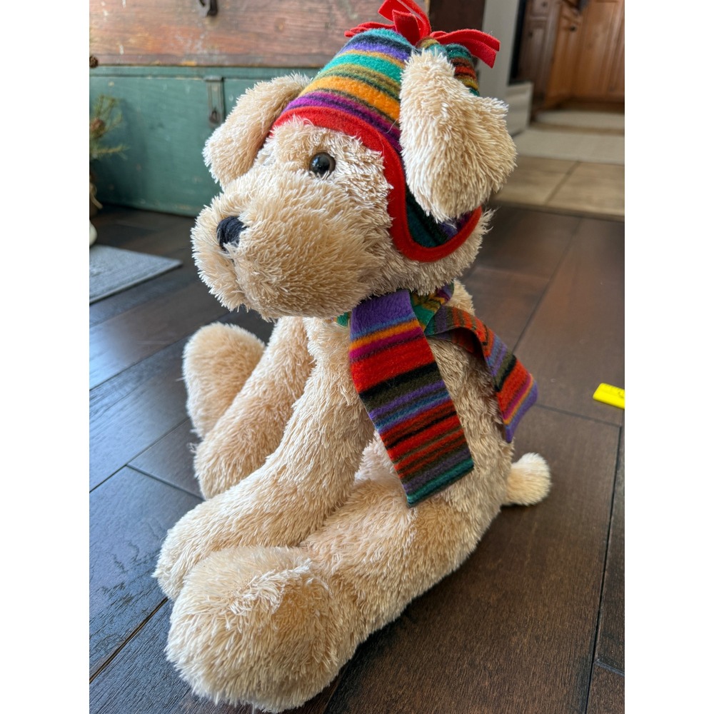 Gund Ben Dog Plush Tan Stuffed Animal Rainbow Stripe Hat Scarf 44478‎ 15 Inch